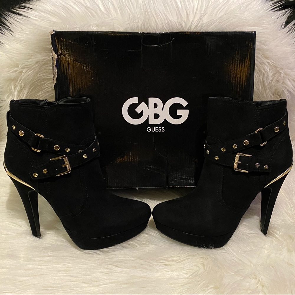 G by Guess Black Heeled Booties w/ Gold Accents